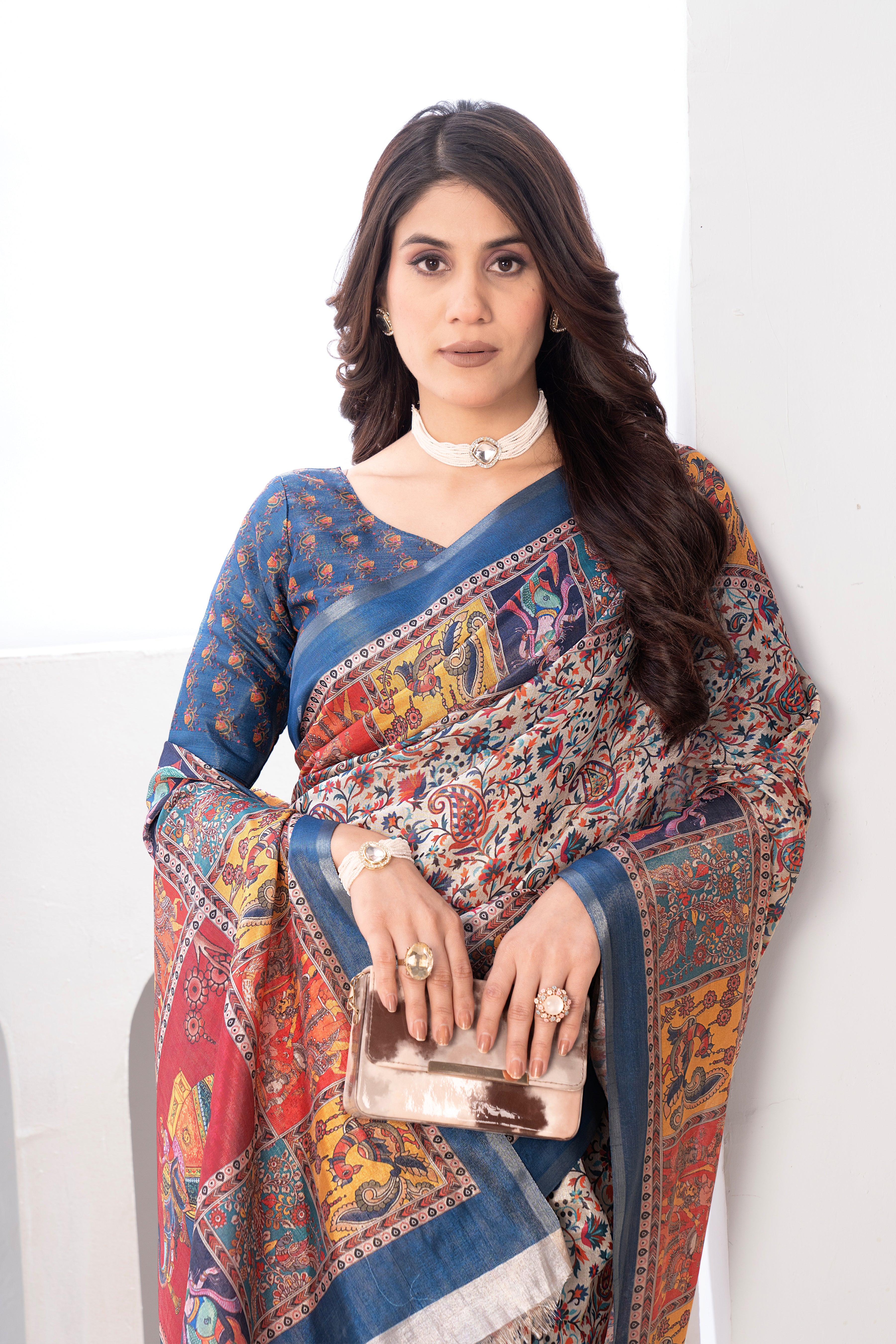 Multicolour Charcoal Tissue Kalamkari Saree